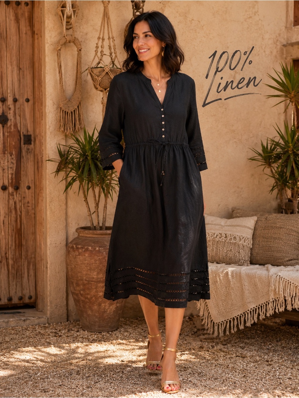 Tahari Black V-Neck Button Midi Linen Dress